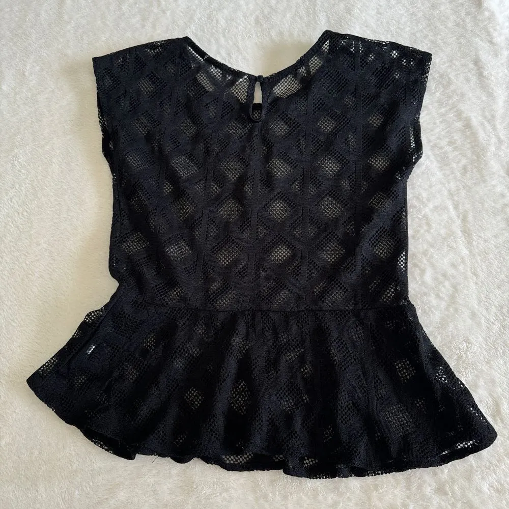 Sally Miller‎ Peplum Top Blouse Womens L Black Semi Sheer Out Goth Boho Coquette - Image 6