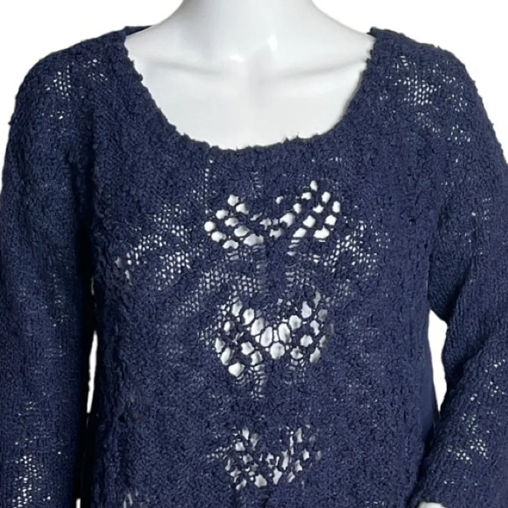 Anthropologie Knitted & Knotted Sweater Women Medium Blue Open Knit Chiffon Boho - Image 4