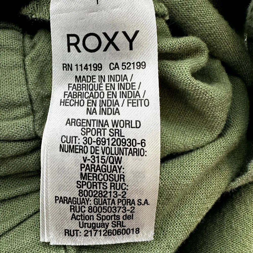 Roxy Oceanside Pants Linen Cotton Loose Straight Pockets Zip Viney Green M 30x32 - Image 3