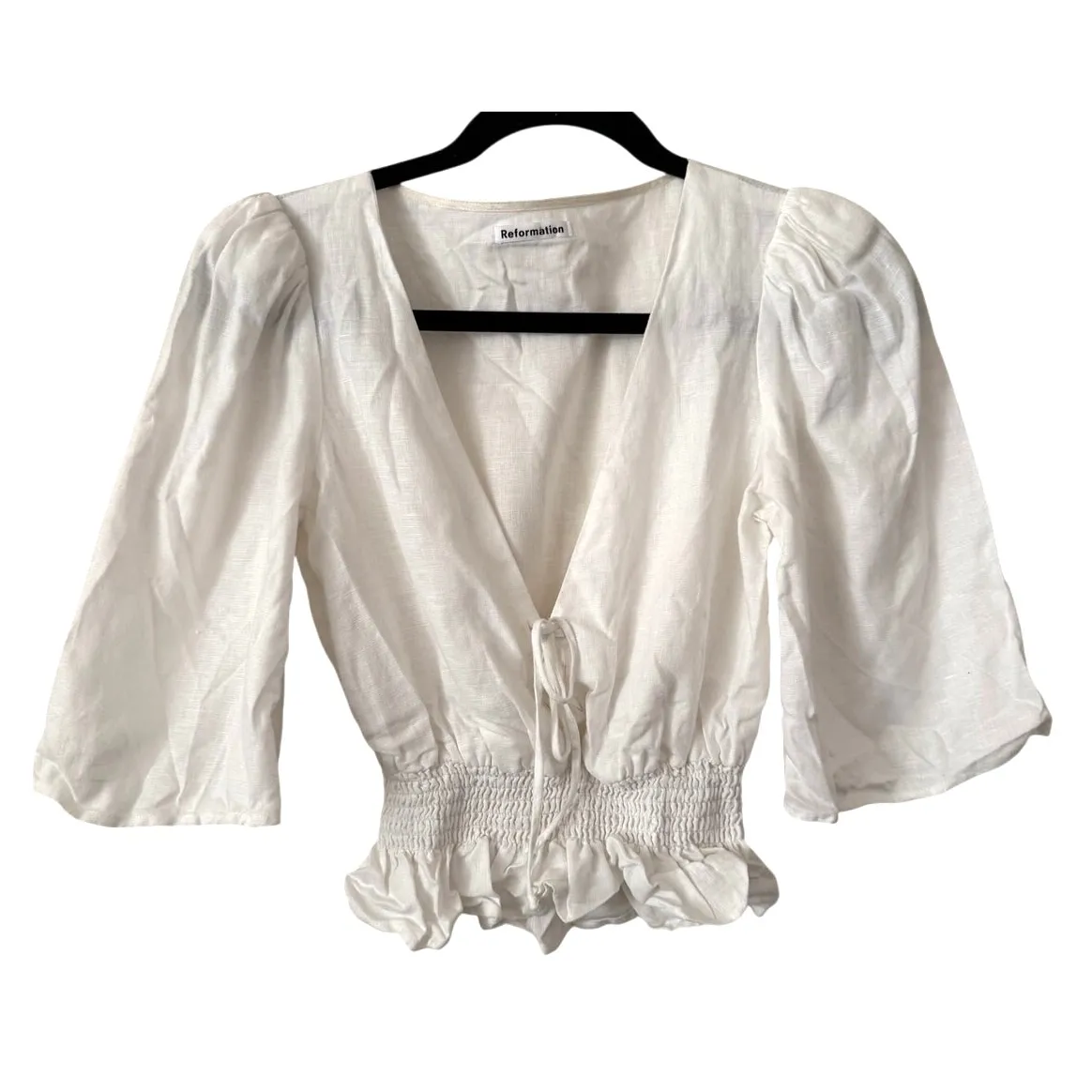Reformation Emilia 100%Linen Boho Cottagecore White 3/4 Sleeve CrissCross Top-XS - Image 2