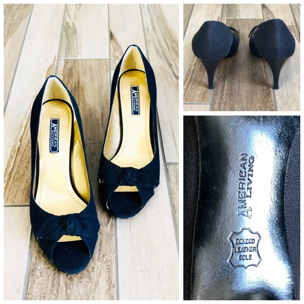 Consuelo Black Open Toe Bow Tie Fabric Heels, sz. 7 - Image 3