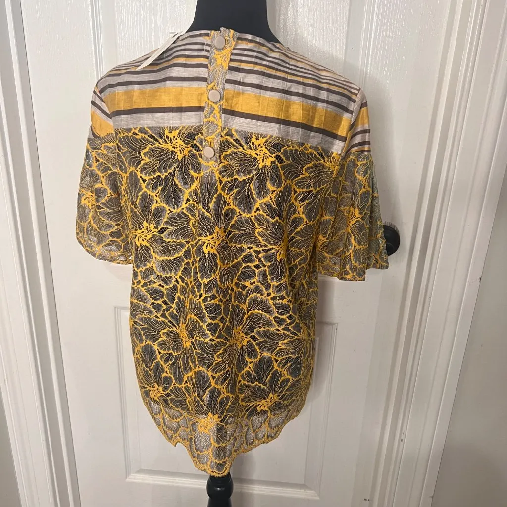 Anthropologie Floral  Short Sleeve Casual Lace  Blouse‎  Stripe Top Size 6 NWT - Image 5