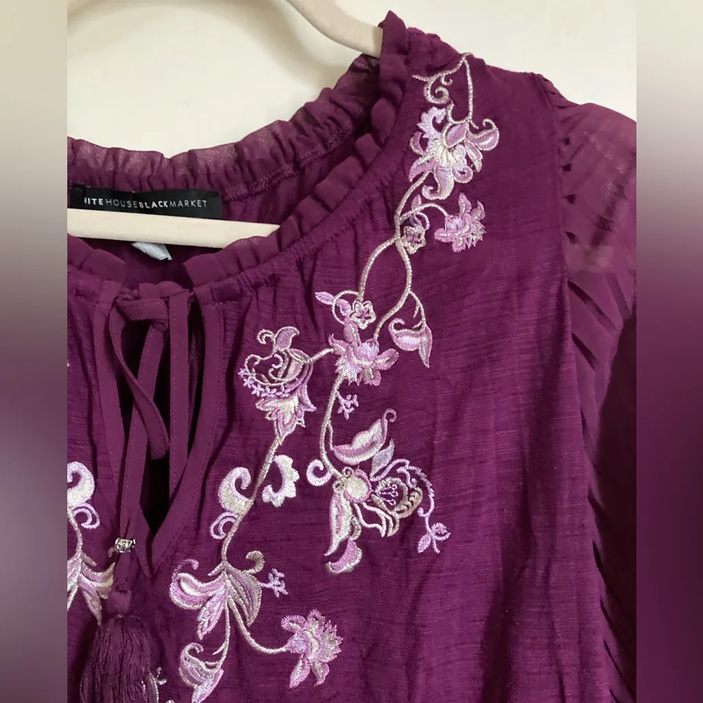 🌞White House Black Market Maroon Embroidered Floral Lace Long Sleeve Blouse #Gr - Image 7