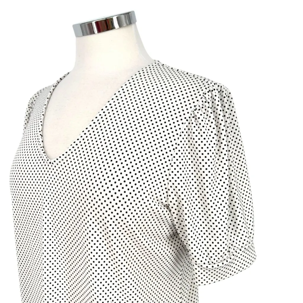 Adrianna Papell Polka Dot Puff Sleeve V-Neck Blouse White Black Size Small - Image 3