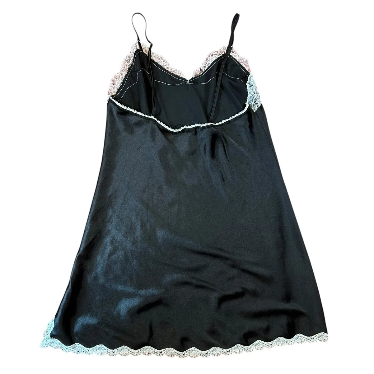 VICTORIA'S SECRET Black White Satin Slip Dress Lace Trim Lingerie Y2K MEDIUM - Image 2