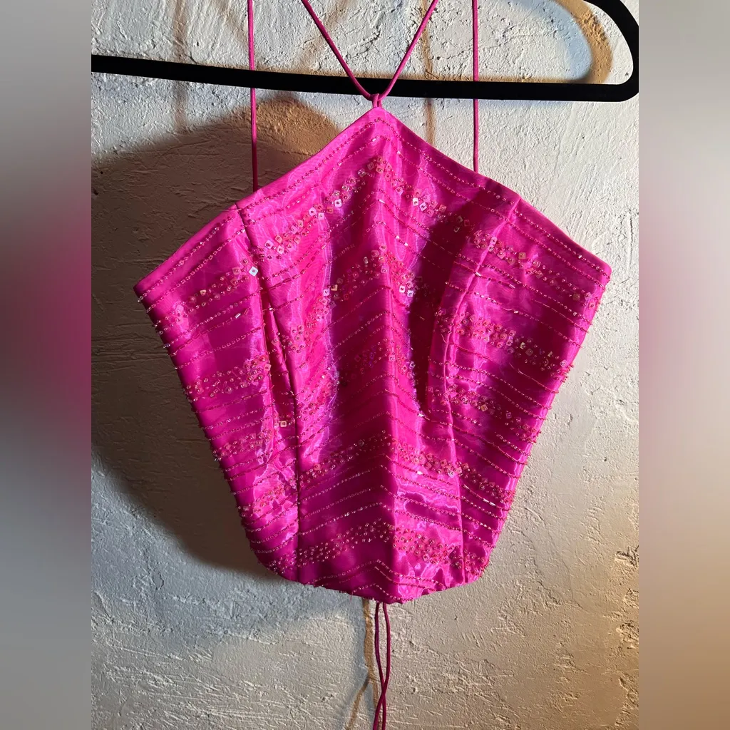 Blondie Nites Pink Asymmetrical Backless Bustier Crop Top - Image 5