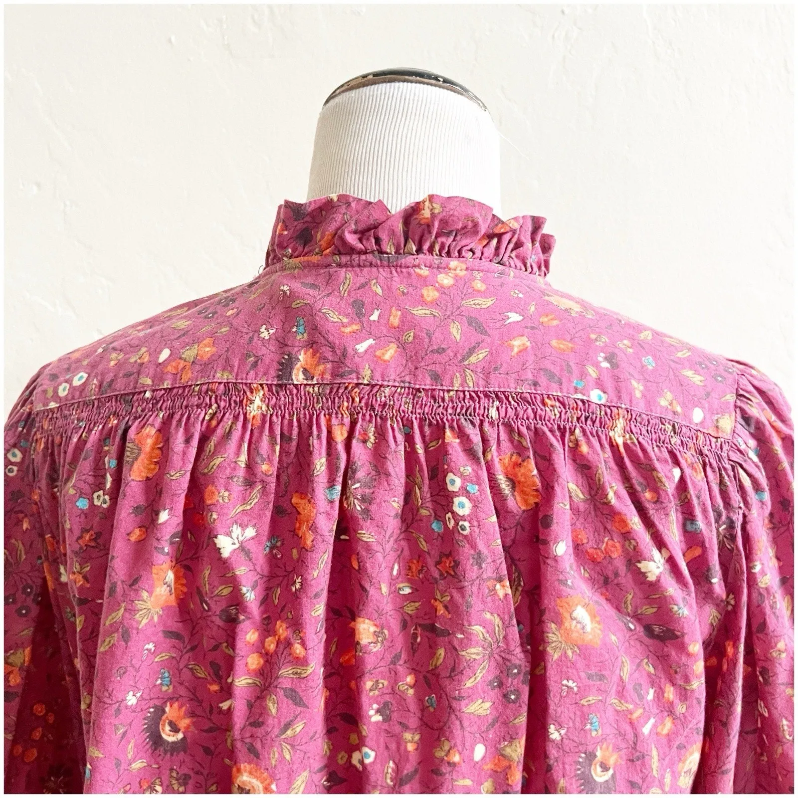 Sundance Women’s Floral Button Front Blouse Prairie Style High Collar Berry Med - Image 12