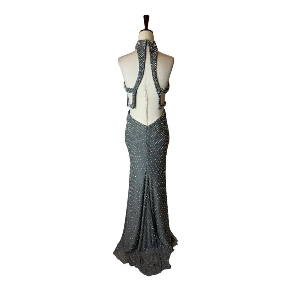 La Femme Dress Women 00‎ Gray Gunmetal Beaded High Neck Cut Out Formal Gown Prom - Image 4