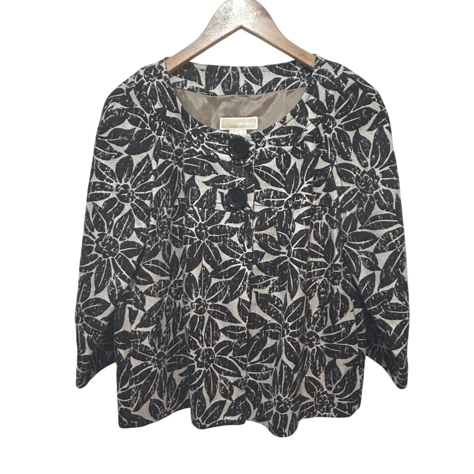 Michael Kors Linen Blend Floral Print Blazer Jacket Women Large Black Beige - Image 2