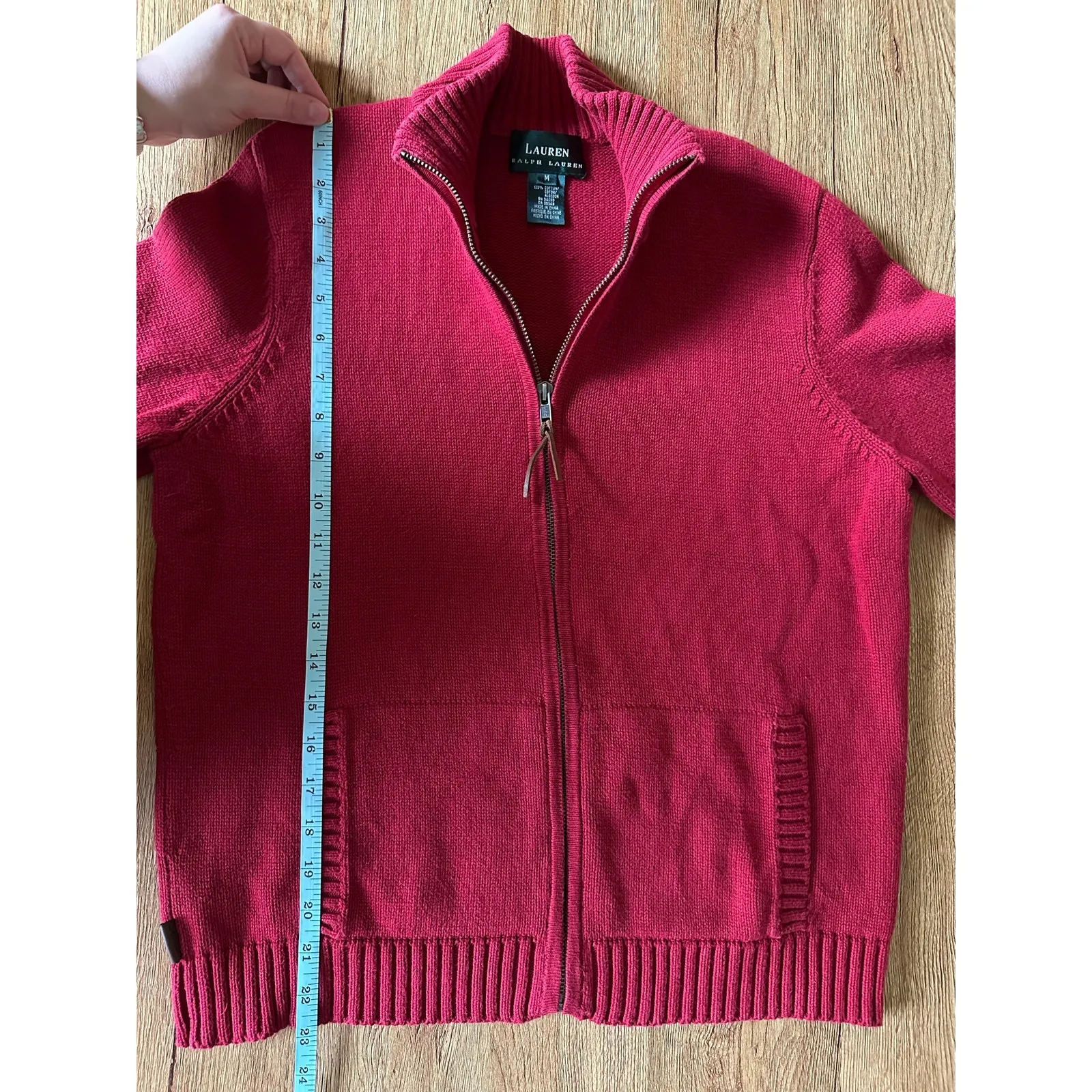 Ralph Lauren Vtg Red Sweater Full Zip Jacket Size Medium - Image 5