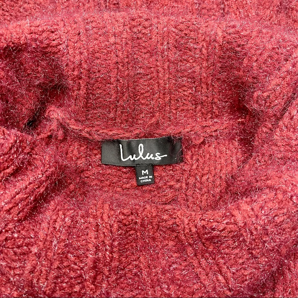 Lulu’s Joyous Cable Knit Turtleneck Mini Sweater Dress Maroon Red Medium - Image 11