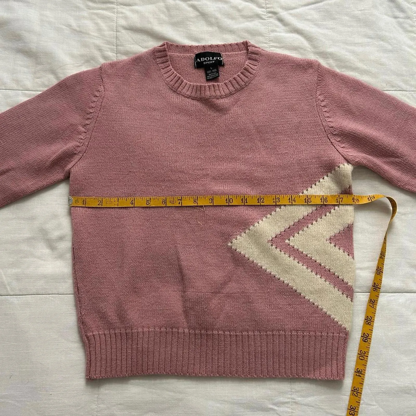 Adolfo wool Pink and white vintage 90s crewneck sweater knitwear size large - Image 5