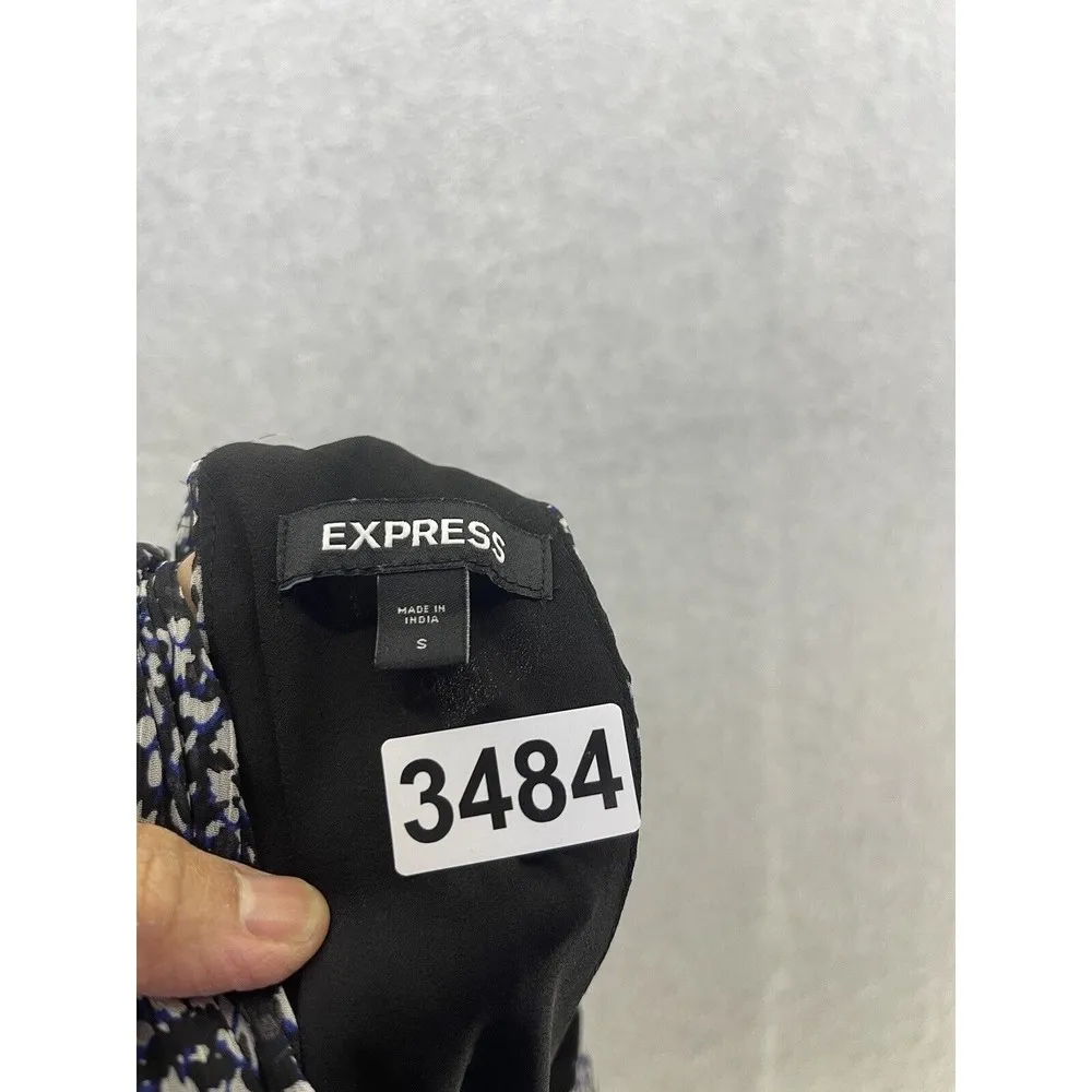 Express Women's Maxi Dress Sleeveless High Neck Black Blue Small Printed Pleats - Image 3