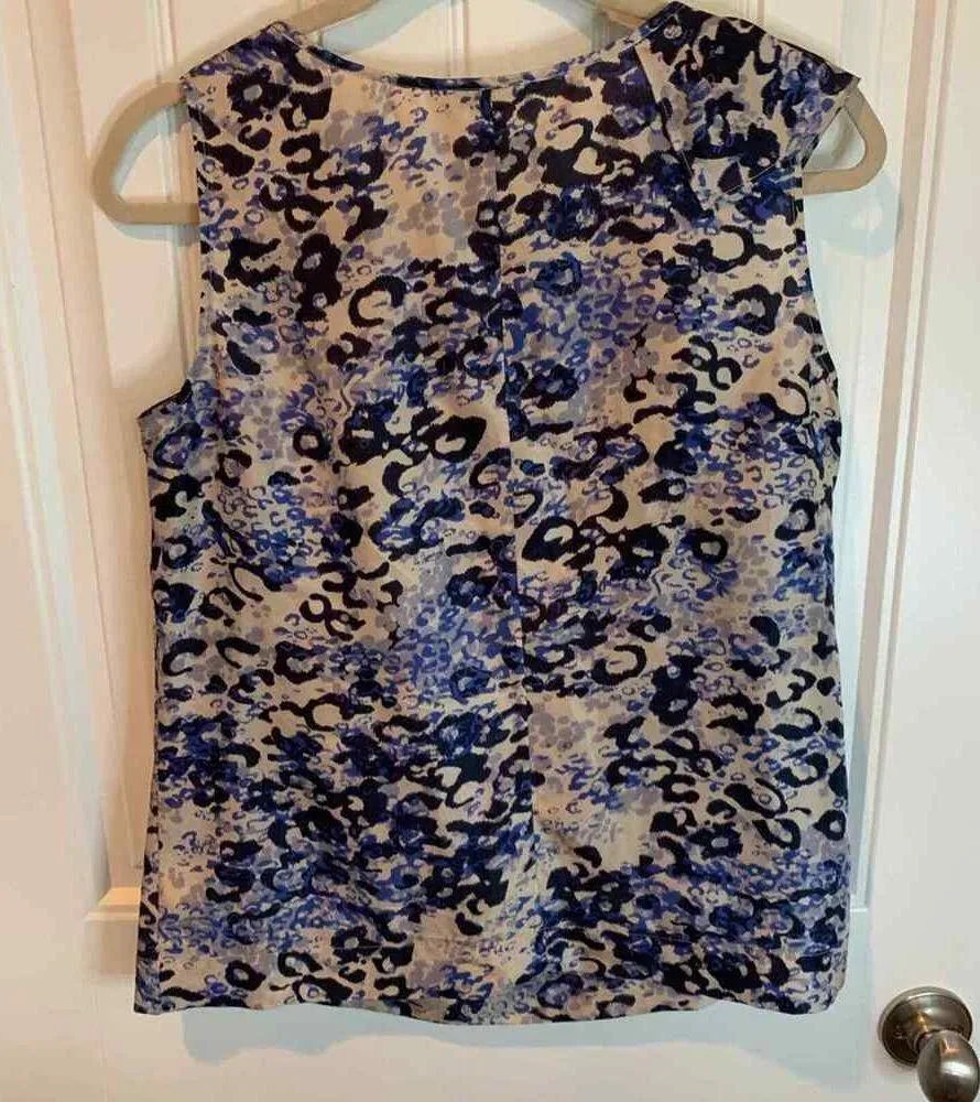 CAbi Sz S Top Blouse Silk Cascading Ruffle Blue Leopard Animal Print Sleeveless - Image 7