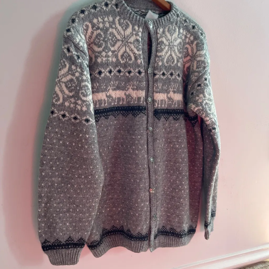 Vintage Fairisle Gray Navy Wool Cardigan Sweater Womens Deer Nordic Cabincore Size L - Image 11