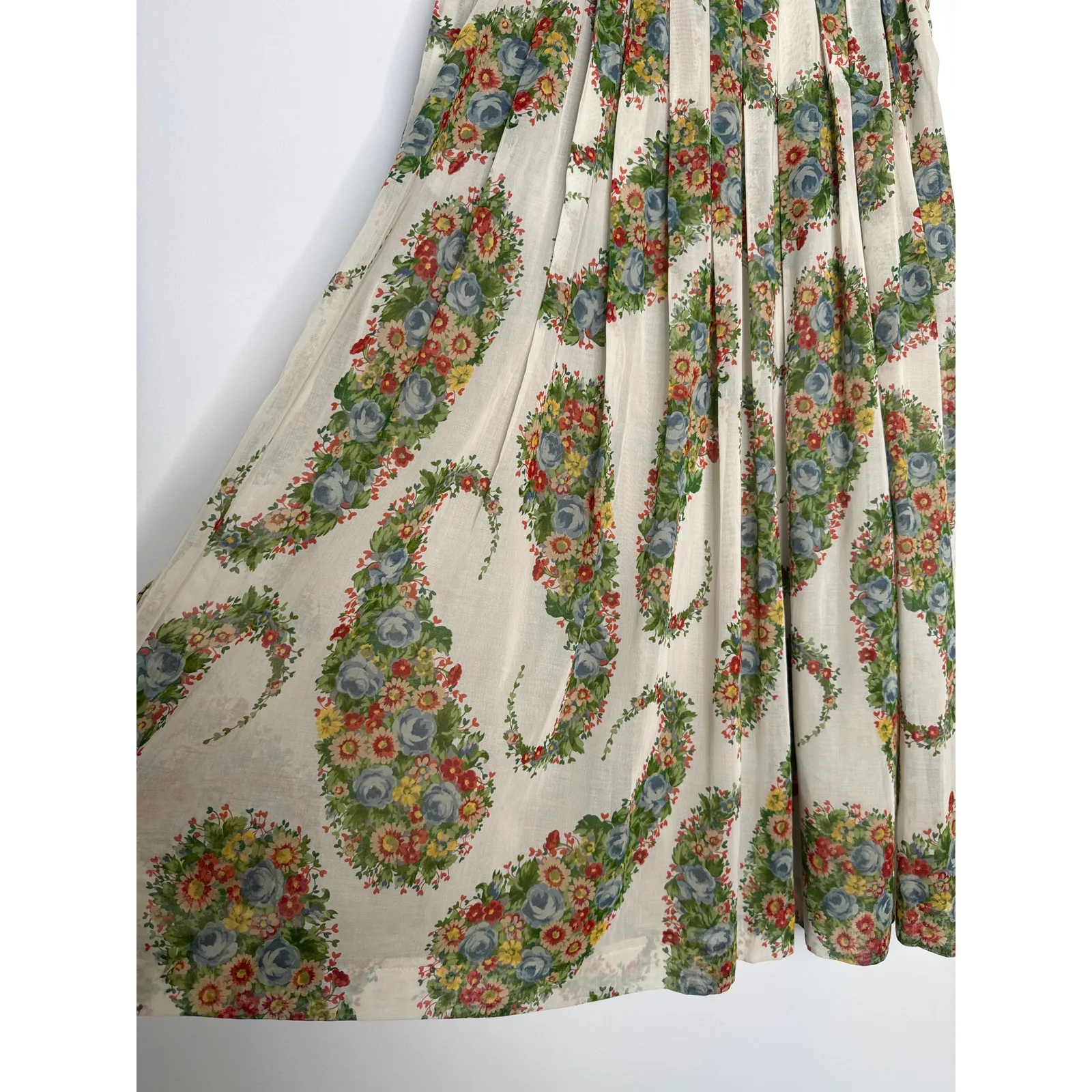1980s Geiger Austria Floral Cotton Midi Skirt prairie folk retro Size 42 Medium White - Image 5