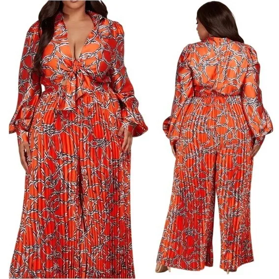 L'ATISTE Balloon Sleeve Pleated Wide Leg Jumpsuit Tie Front Women's Large Orange - Image 4