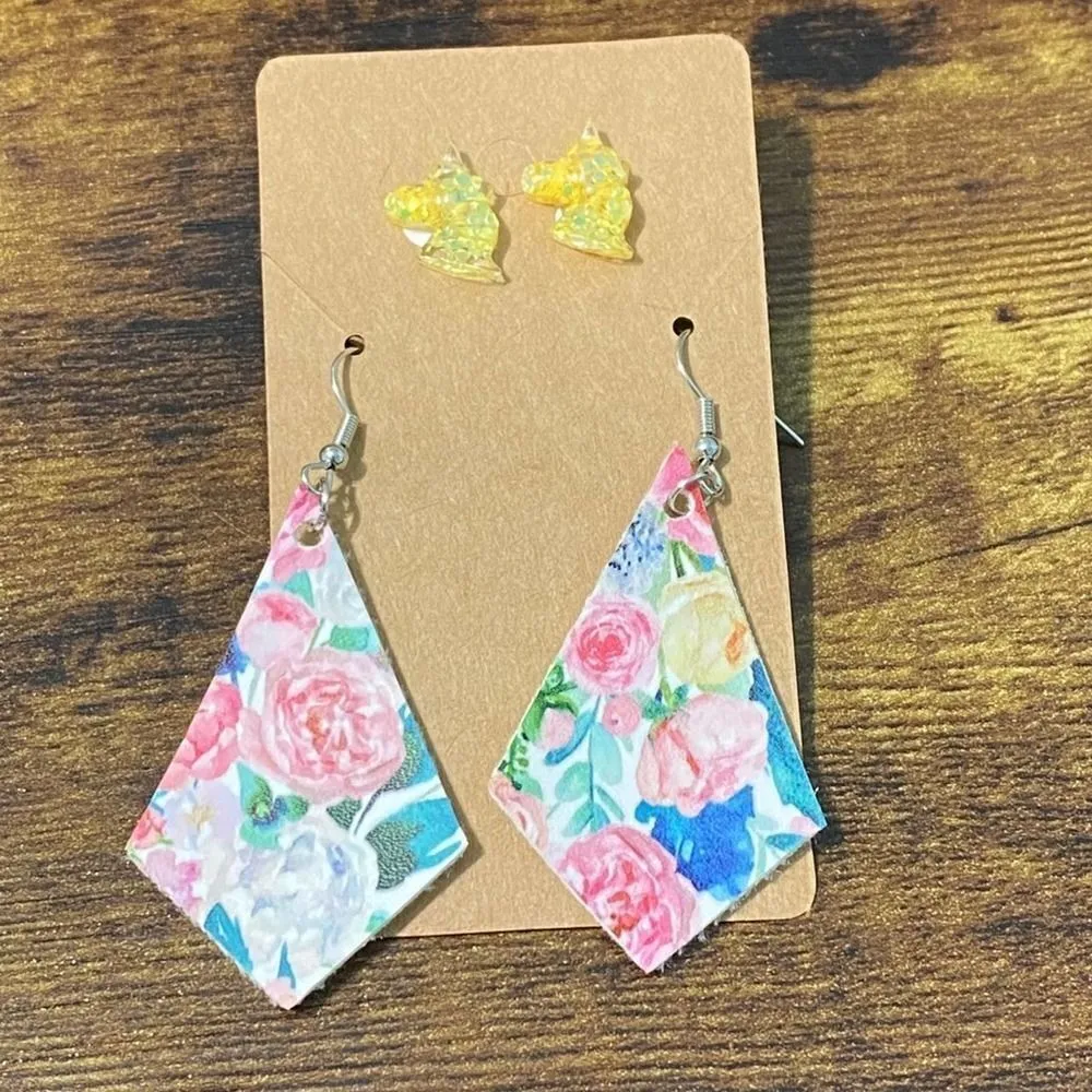 Unicorn Studs Floral Diamond Shaped Dangle Statement Earrings Set Novelty Yellow - Image 4