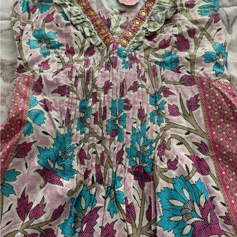 NWT Pura Vida colorful floral V-neck beaded back tie A-line cotton dress, size 2 - Image 8