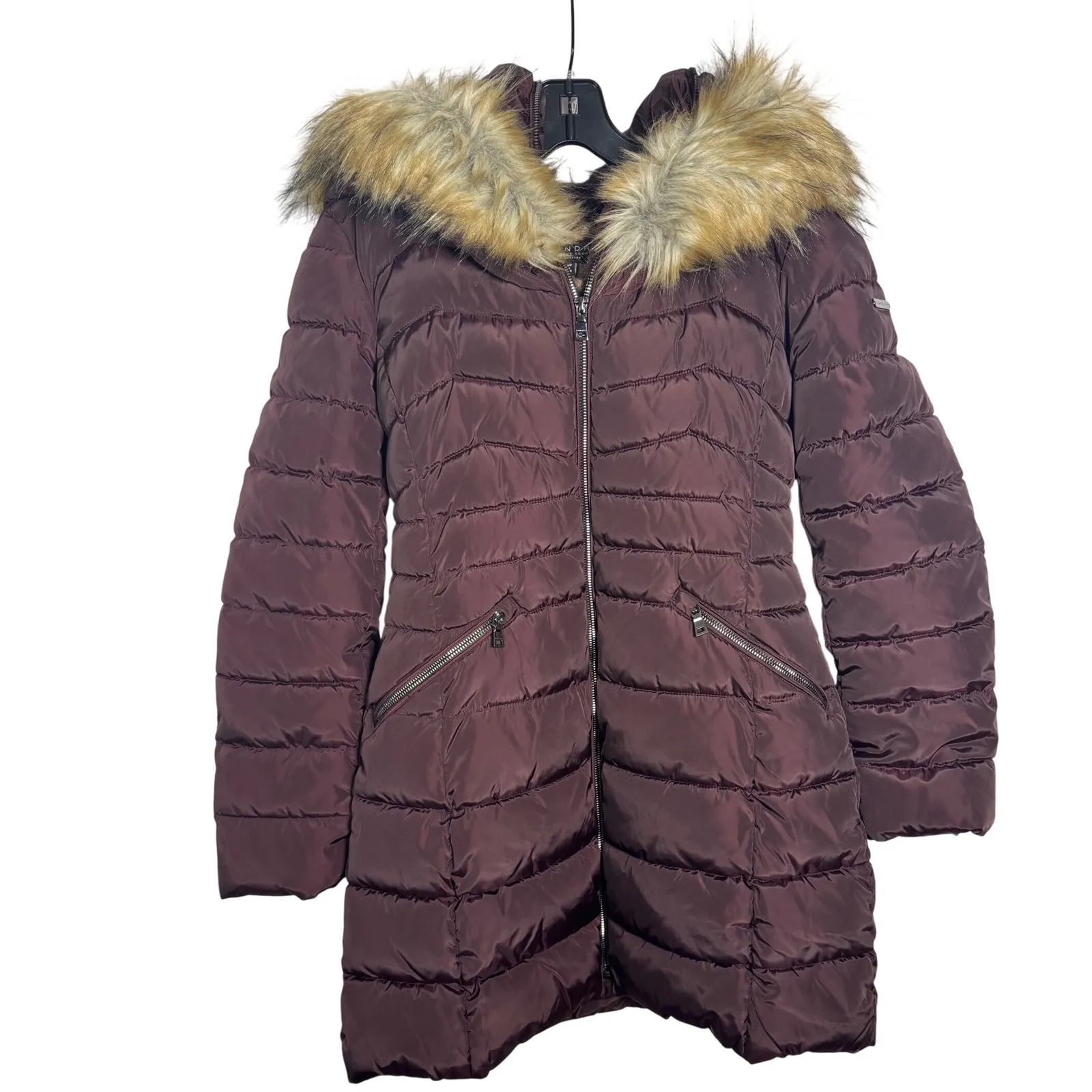 Laundry by Shelli Segal Puffer Coat Faux Fur Hood Burgundy Size Small - Image 4