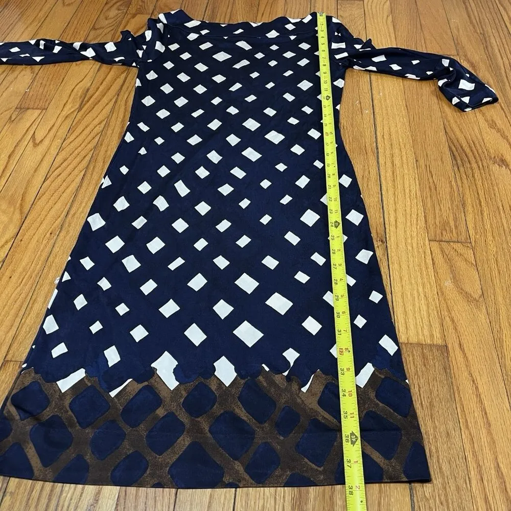 Tory Burch‎ Navy Blue Diamond Print Silk 3/4 Sleeve Pencil Dress Size Small - Image 7