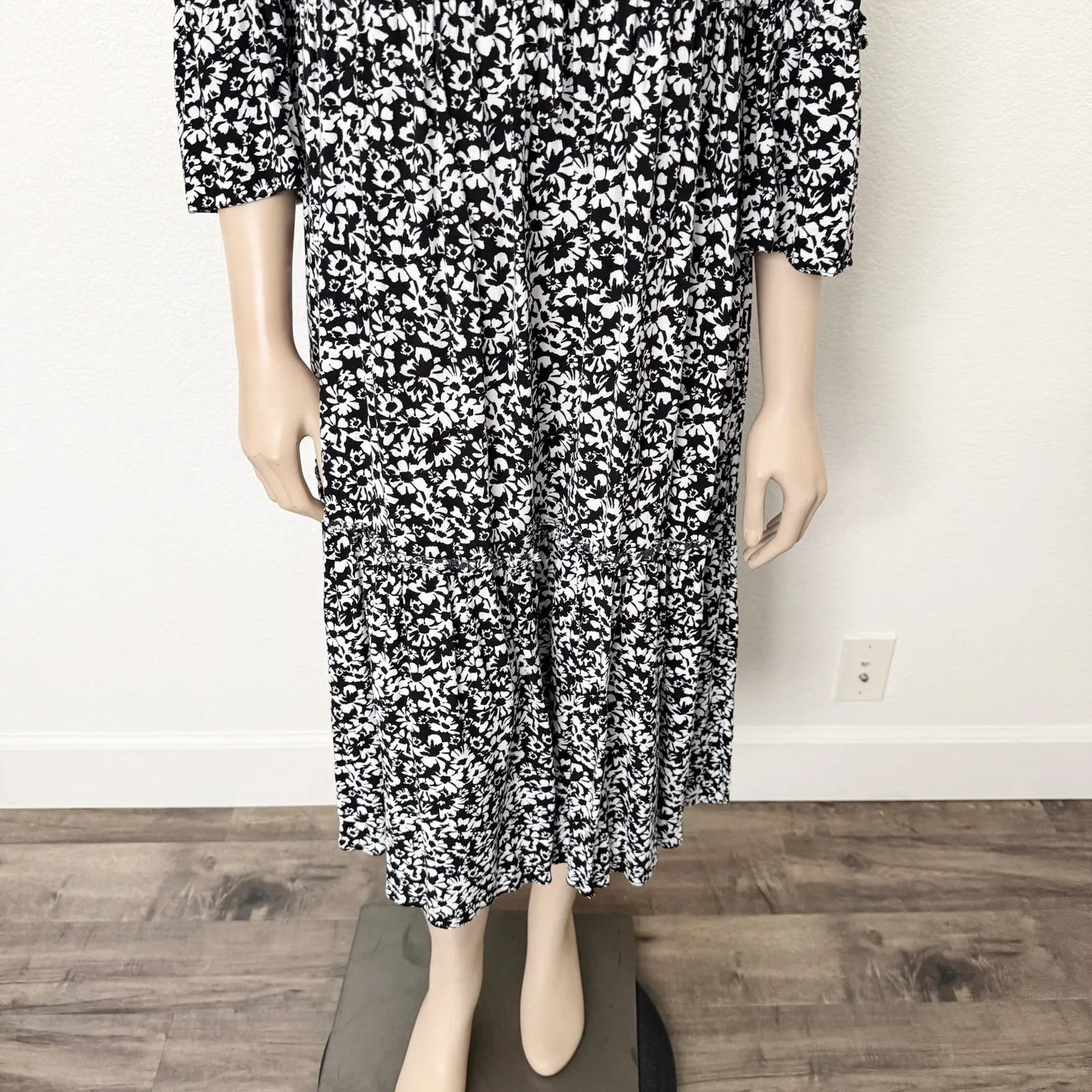 [ZARA] Black Floral Print Ruffle Hem Tiered Boho Midi Dress Ruffle Size Large L - Image 10