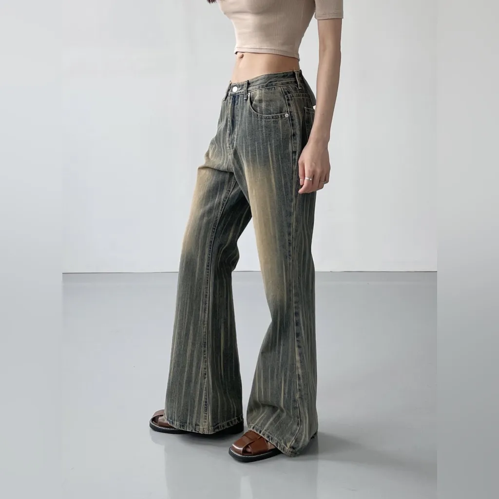 Y2K Vintage Washed Wide Leg Jeans Size Small Flare Striped Kawaii Retro Blue - Image 2