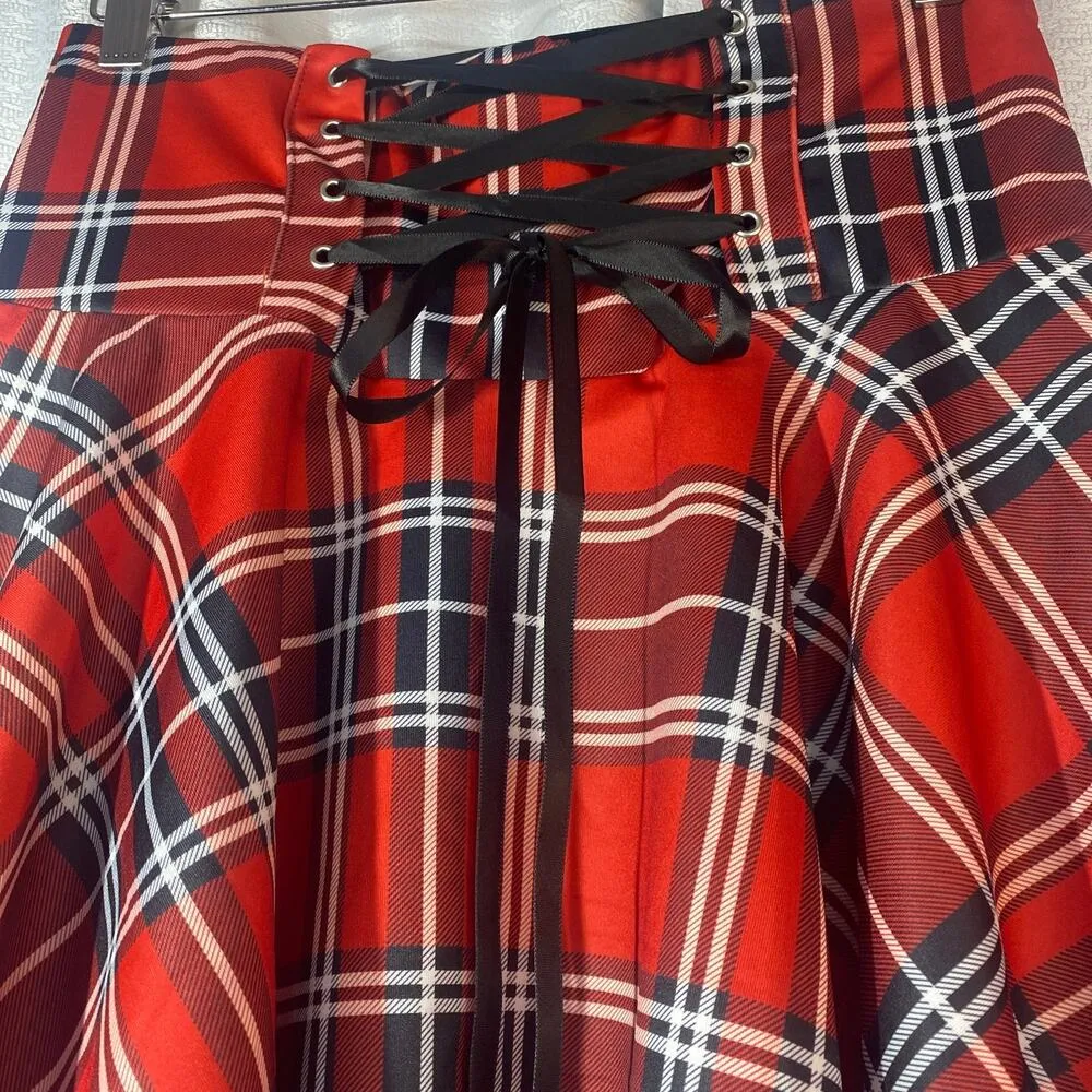 Red & Black Plaid Handkerchief Skirt Corset Tie Skirt women sz L Size L - Image 2