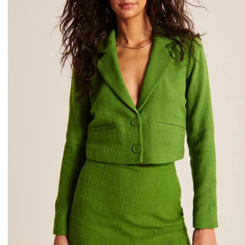 NWOT Abercrombie & Fitch Cropped Tweed Blazer Green XL - Image 2