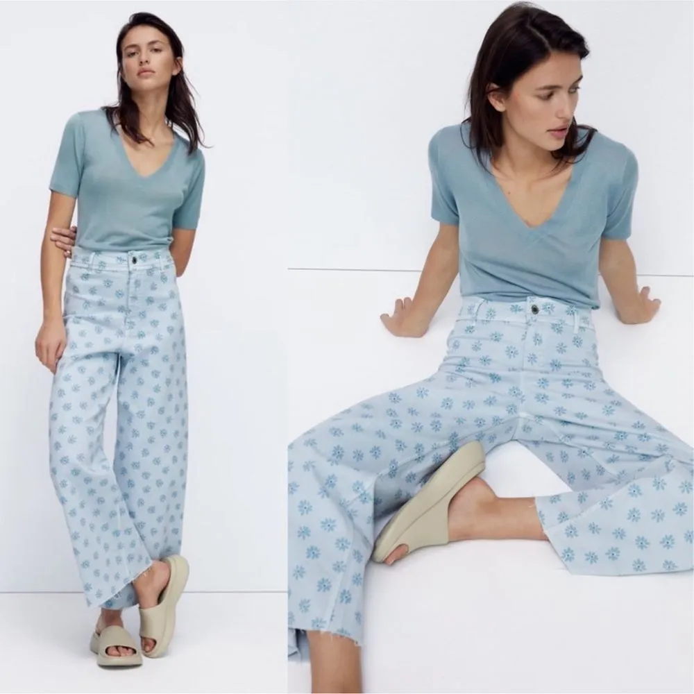 ZARA The Marine Daisy Floral Light Blue Straight Jeans Size 2 - Image 3