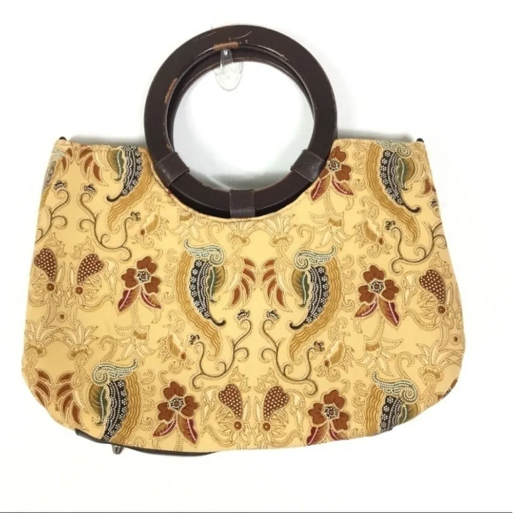 Vintage Braciano clutch women’s beaded paisley floral round‎ wooden handle bag Tan - Image 3