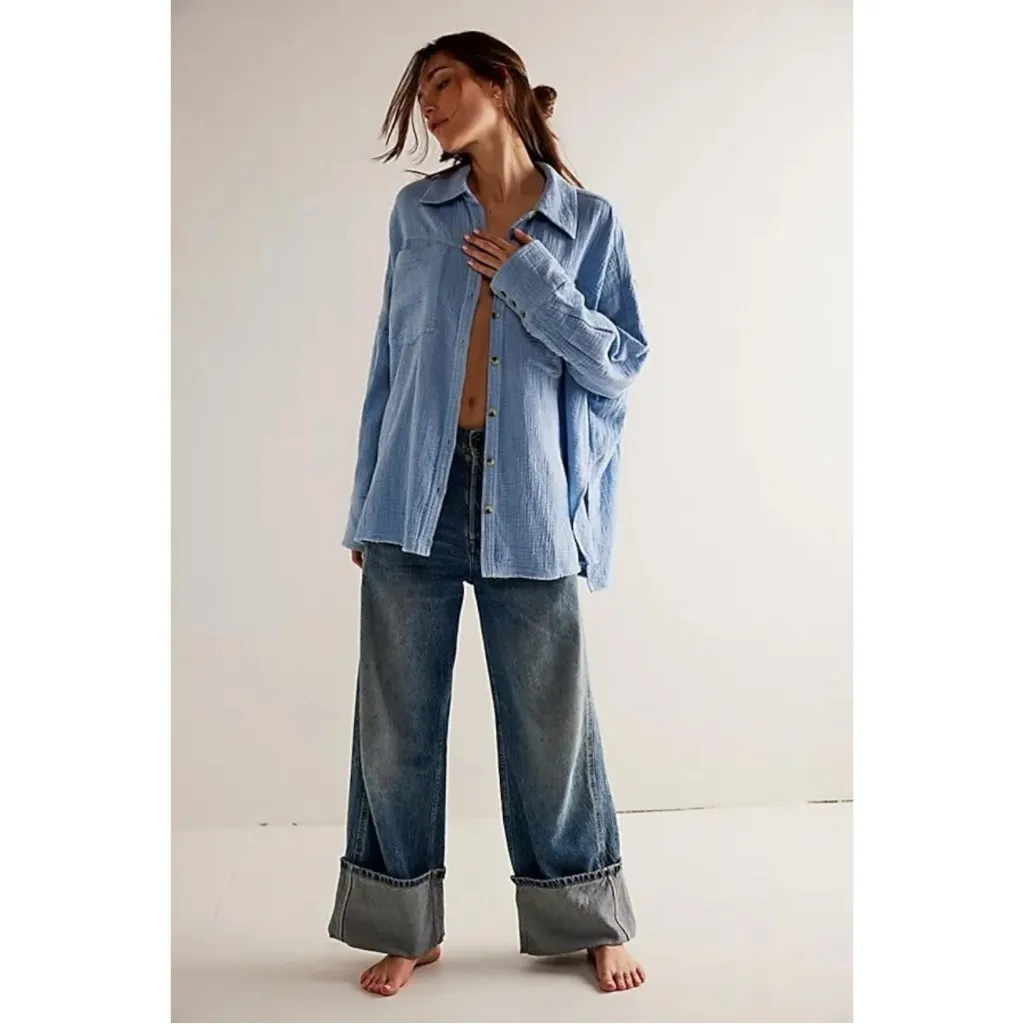 Free People We The Free Cardiff Top in Blue Bell Oversized Small Gauze Cotton - Image 7