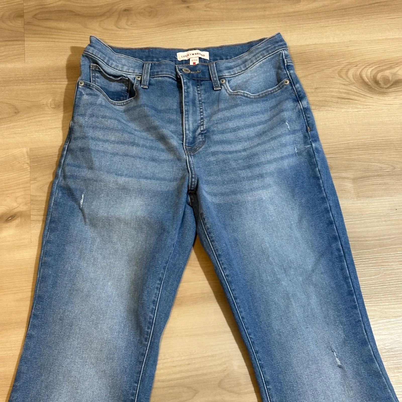 Lucky Brand Stevie High Rise Flare Jeans Medium Wash Distressed Raw Hem 12 31 - Image 3