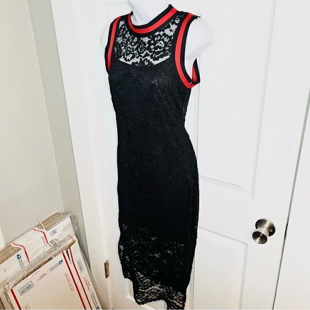 BAKU Fitted Black Lace Midi Dress Red Stripe Trim S - Image 5