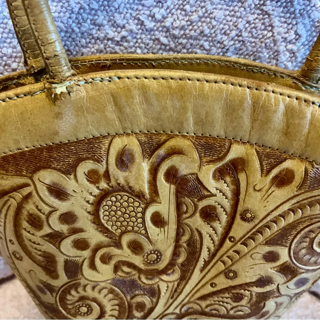 Vintage Hand Carved Leather Handbag by Gaitan in Mexico Tan - Image 2