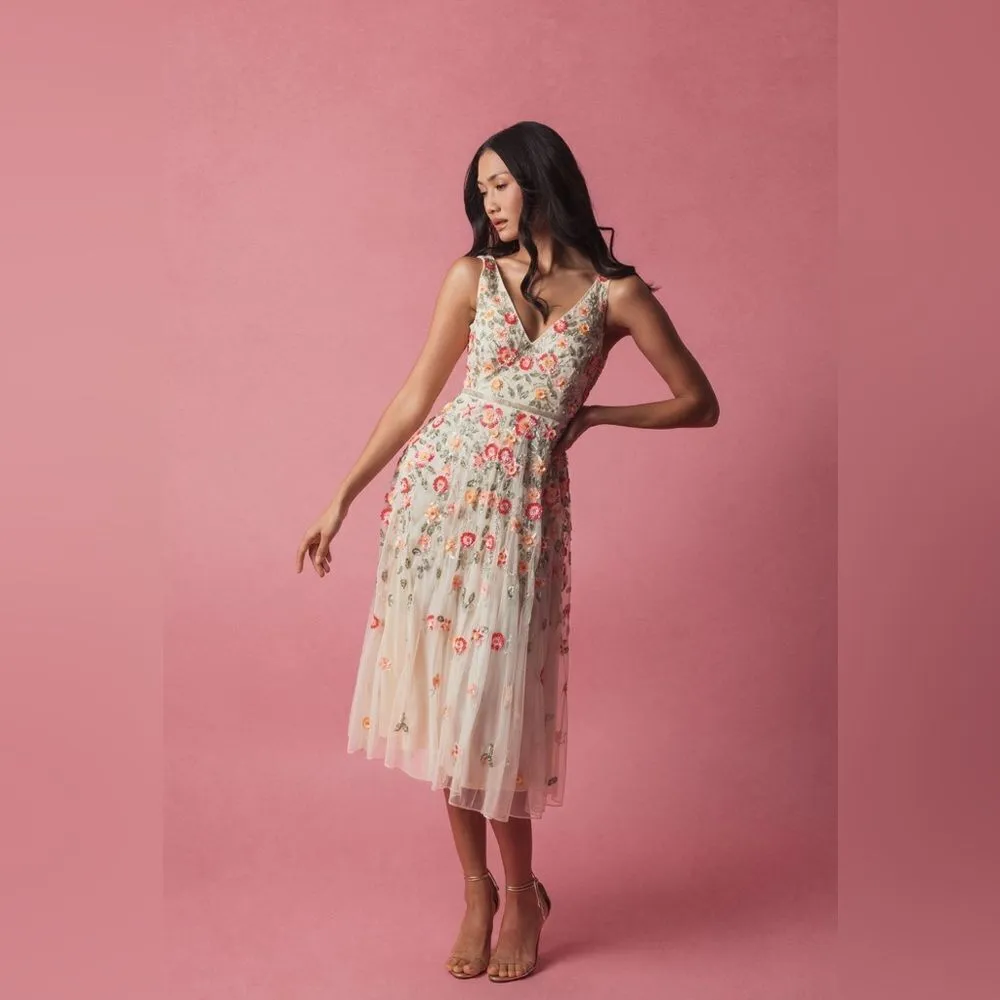 Mac Duggal 5527 Cream V-Neck Sleeveless Midi Floral Beaded A-line Dress 10 - Image 4