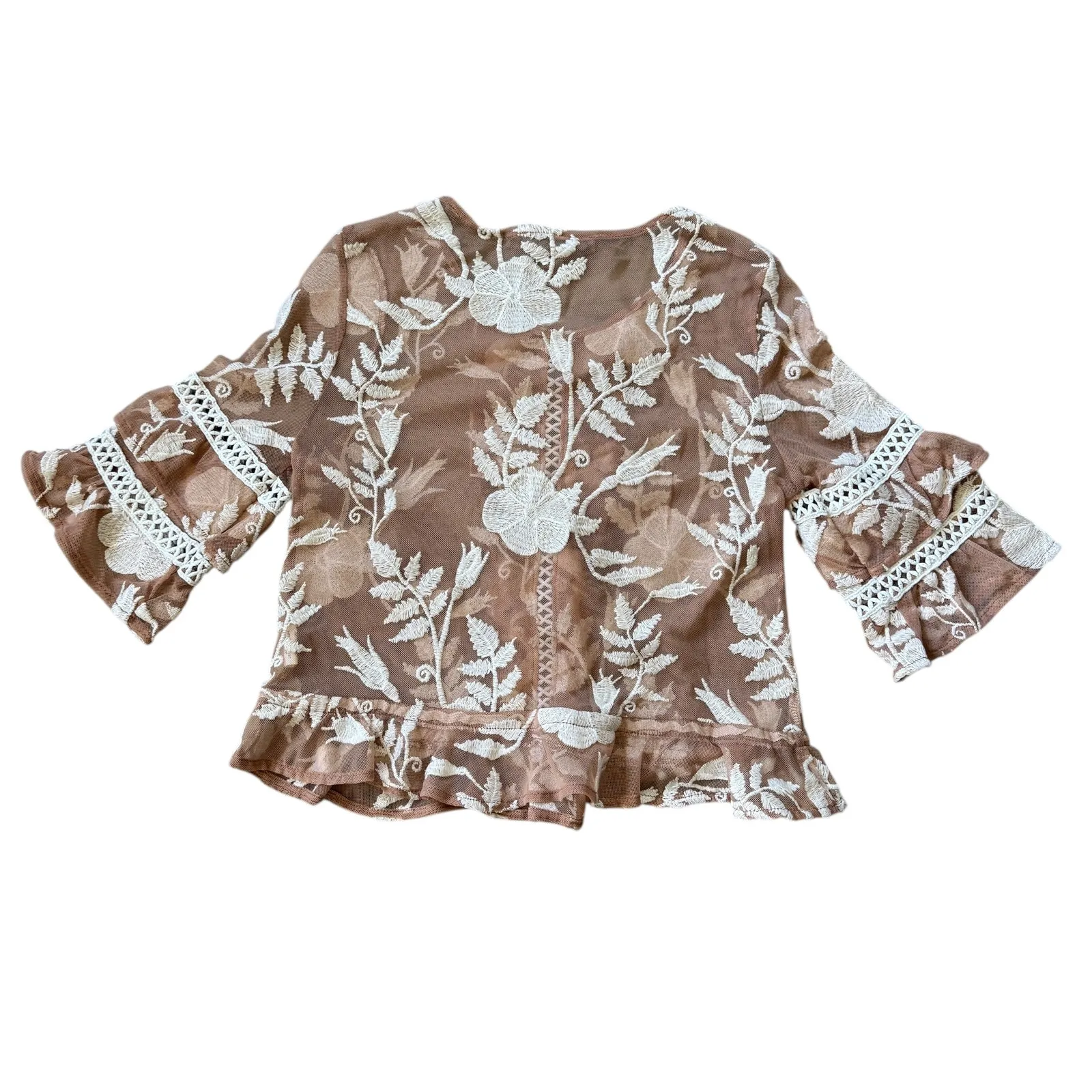 For Love & Lemons Floral Mesh Embroidered Crop Top Beige - Image 4