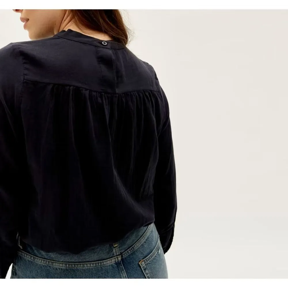 Everlane The Double-Gauze Shirred Top Cotton High Neck Long Sleeve Black 00 - Image 2