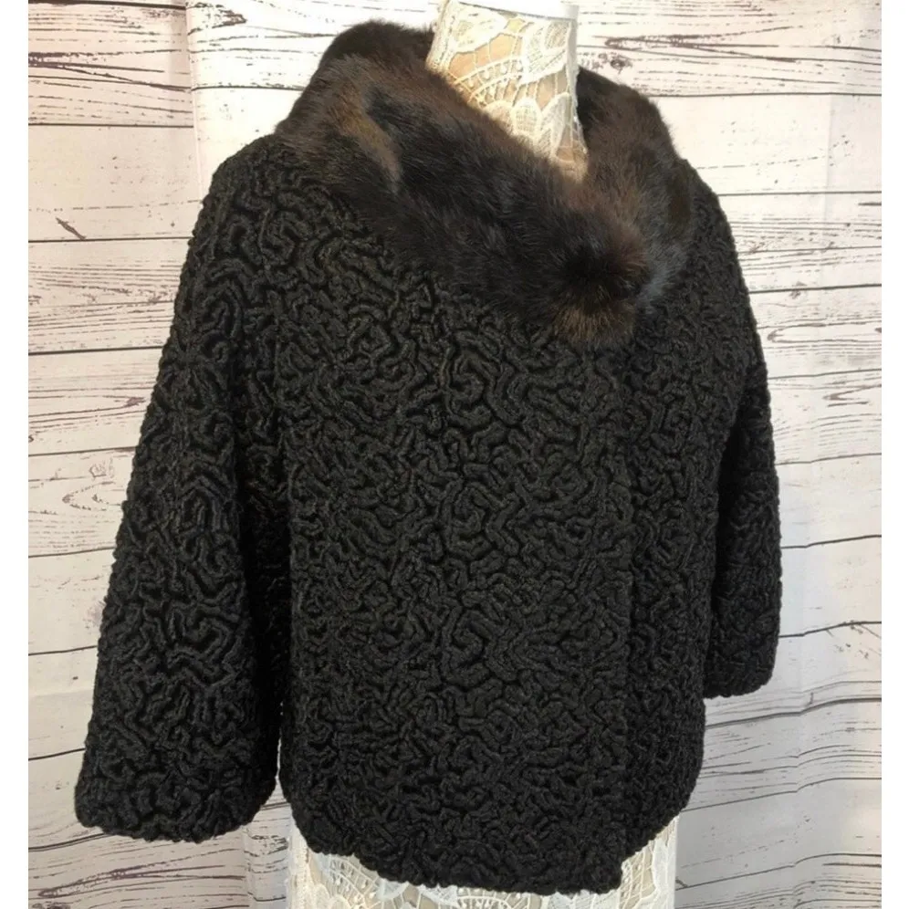Vintage Black Persian Lamb Fur Coat w/ Mink Collar 1950s Swing Jacket medium - Image 11
