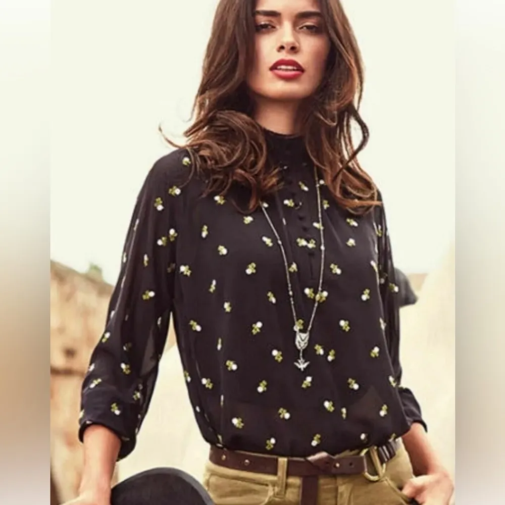 Cabi Floral Embroidered Smocked Neck‎ Long Sleeve Sheer Blouse, Xxs Oversized - Image 10