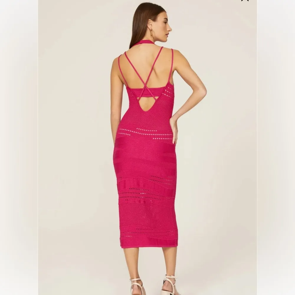 Esteban Cortazar Collective Stretchy Midi Dress Hot Pink Crochet Wedding Guest L - Image 3