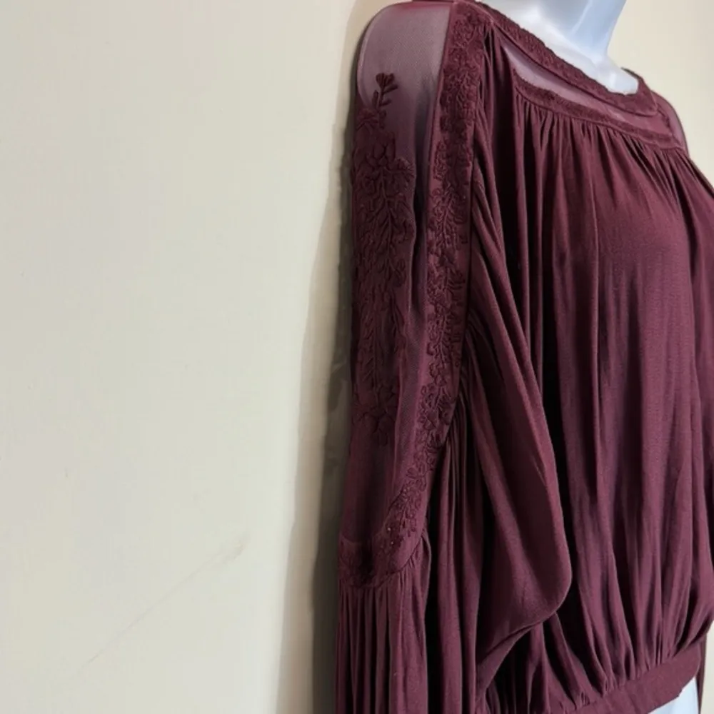 Free People maroon Long‎ Sleeve Purple Embroidered & Mesh Top Size XS - Image 5