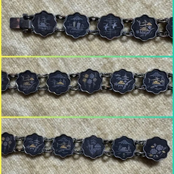 VINTAGE / ANTIQUE JAPANESE DAMASCENE BRACELET HANDMADE ARTISAN GOLD SILVER Black - Image 2
