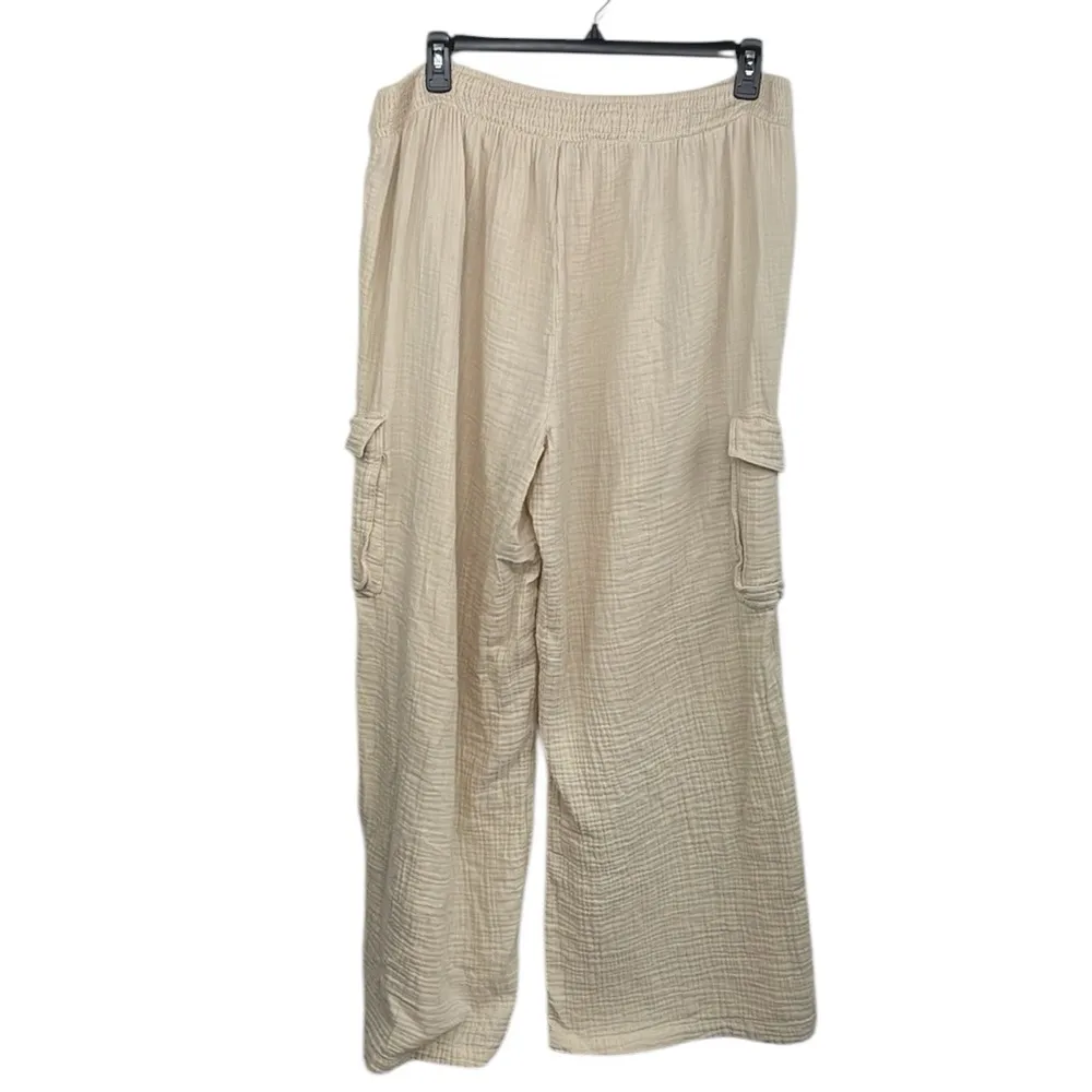 Aerie Women's Cream Pull on Cargo Pants wide leg  relaxed fit size XL fits 1X - Image 2