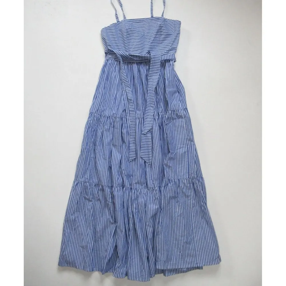 NWT J.Crew Tiered Maxi in Lagoon White Stripes Tie Waist Cotton Sun Dress 12 - Image 3