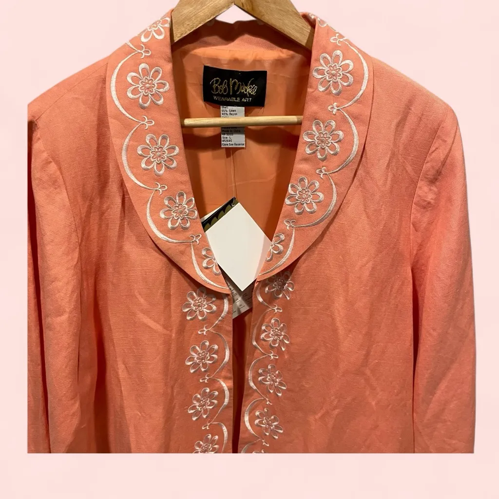 Cute Bob Mackie NWT peaches and cream linen blend oversized blazer embroidery - Image 4
