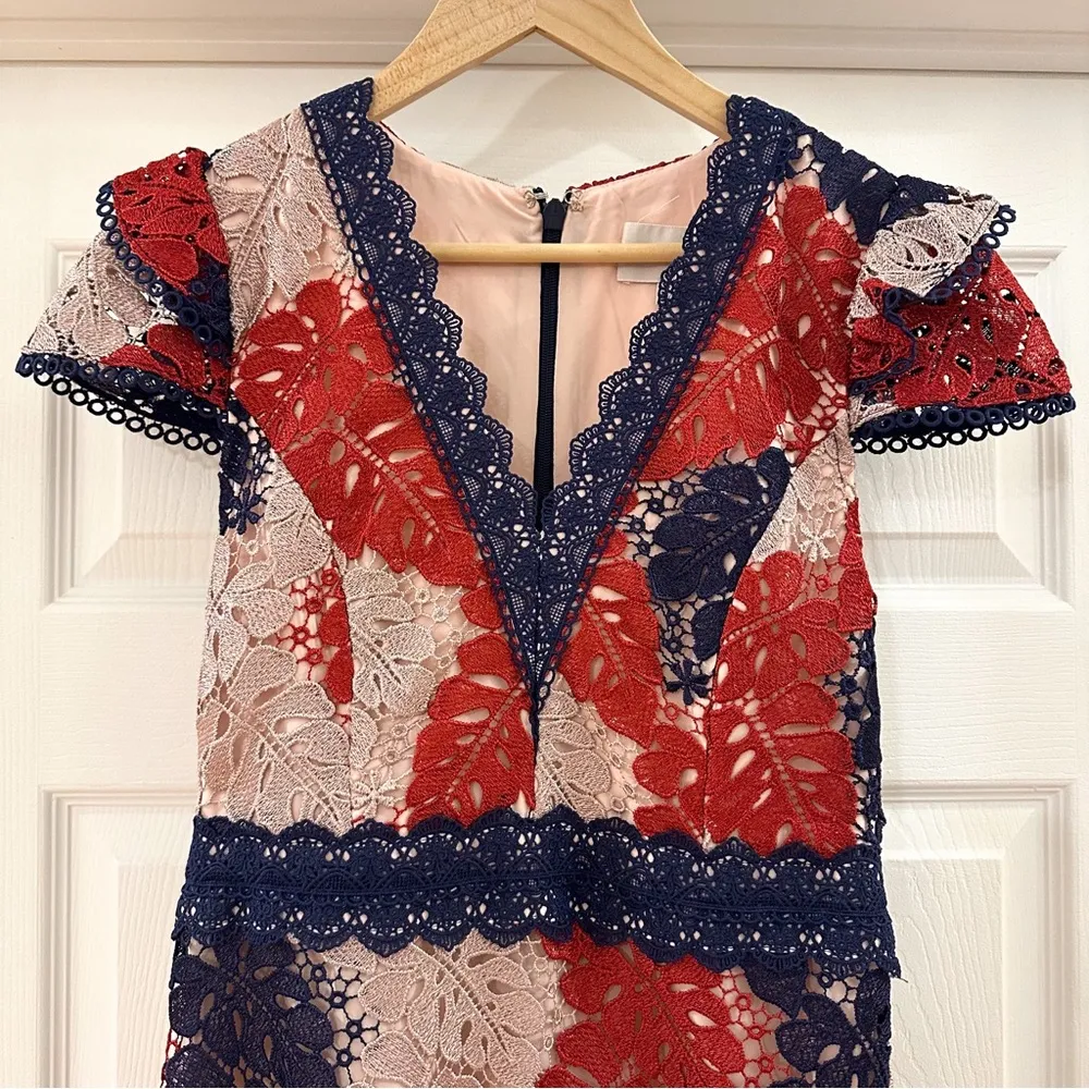 Adelyn Rae Adeline Palm Lace Midi Dress Cap Sleeve Blue Red Tan sz Small - Image 8