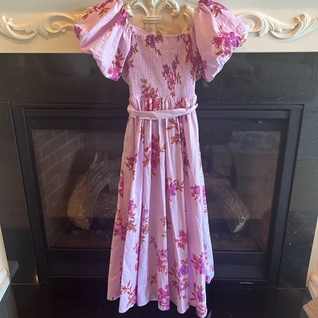 Flying Tomato Lavender Purple Floral Tie Sash Puffed Sleeve Long Dress New - Image 8