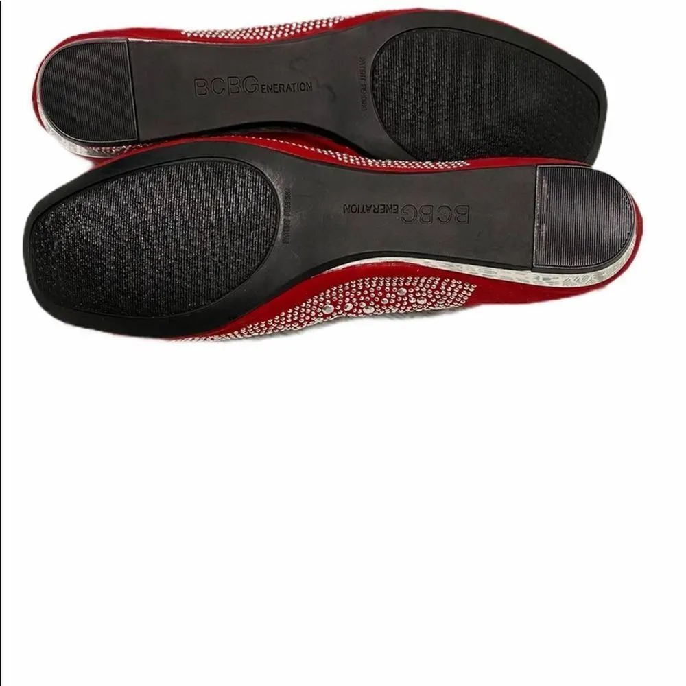 BCBGeneration Alexy Rhinestone Embellished Square Toe‎ Flats Red Silver 6.5 - Image 5