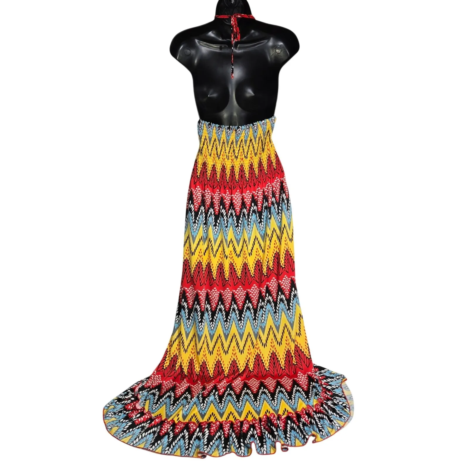 Jaymy Boho High Low Maxi Dress Women M Zig Zag Print Halter Neck Beach Vacation Yellow Size M - Image 2